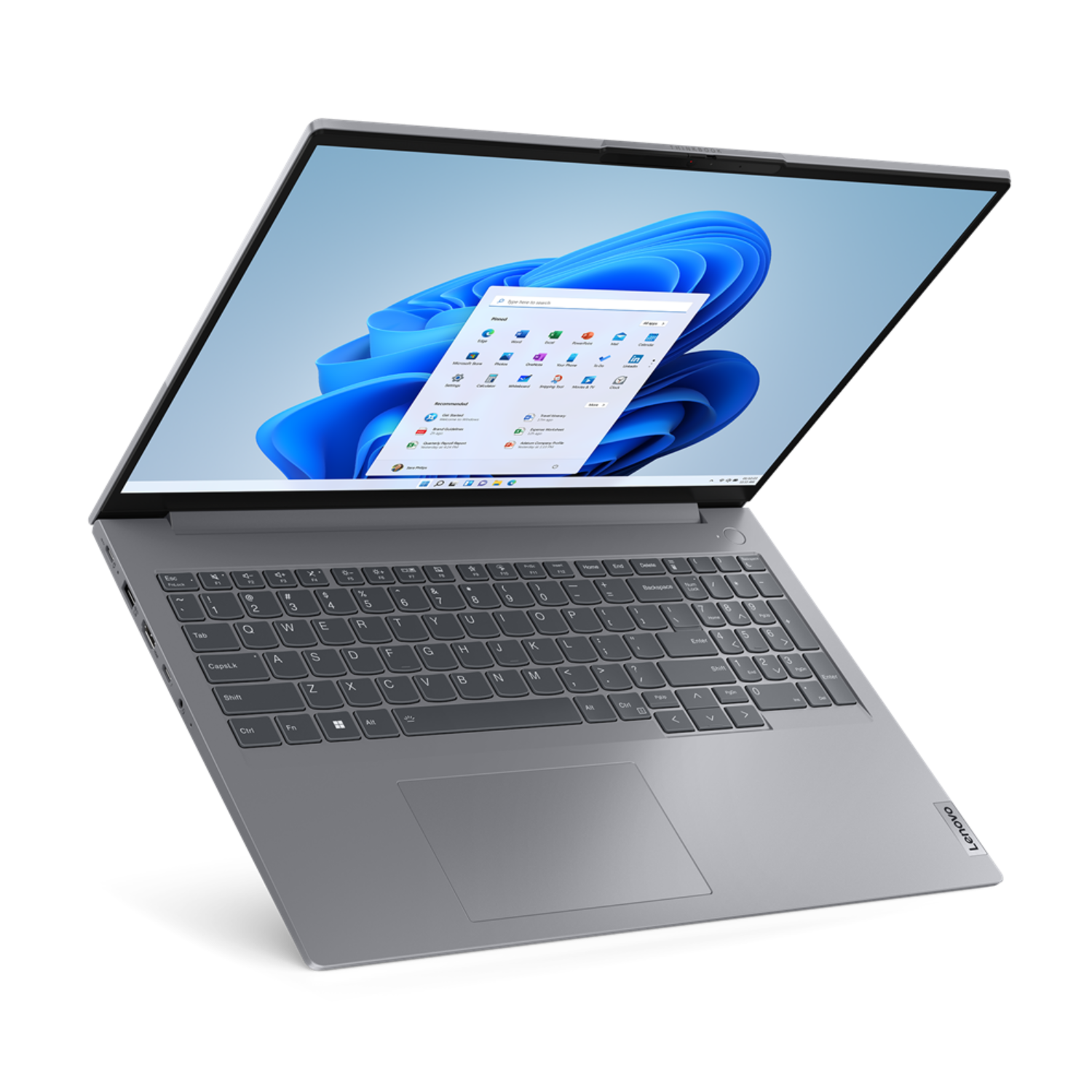 Grijze Lenovo laptop, open, met een Windows 11 bureaublad met app-iconen.