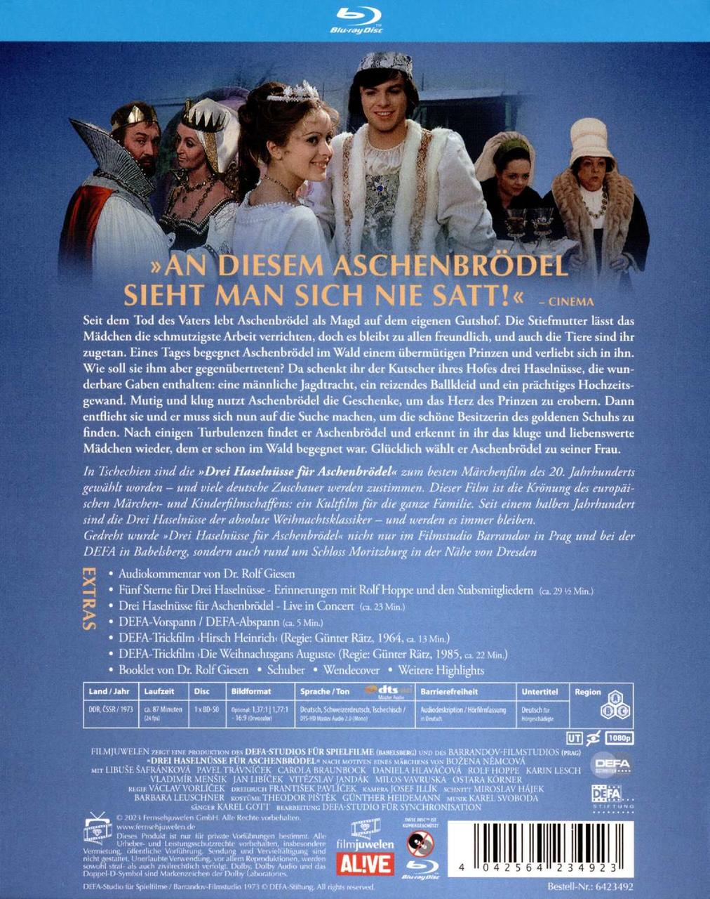 Filmposter für "Drei Haselnüsse für Aschenbrödel" mit Text und Bildern. Vintage-Stil.