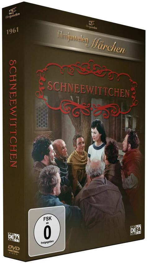 Film-DVD-Cover: Schneewittchen. Eine Gruppe von Menschen umgibt die Hauptfiguren.