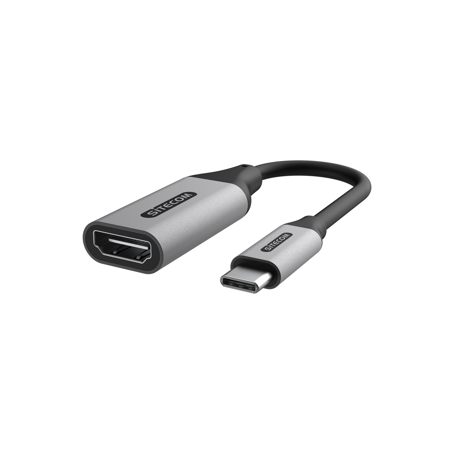 Un câble adaptateur argenté HDMI vers USB-C.