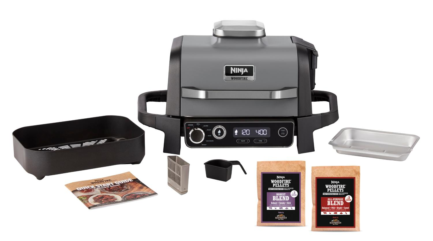 Parrilla Ninja Woodfire con accesorios, pellets y guía rápida de carne.