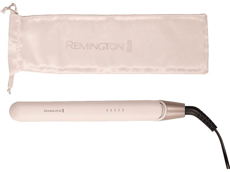 Una plancha para el cabello Remington blanca con una bolsa blanca sobre un fondo blanco.
