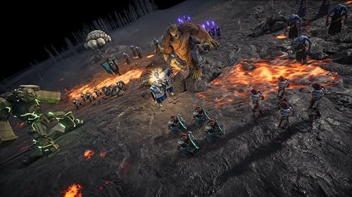 Una escena de batalla en un videojuego con guerreros, una criatura gigante y un paisaje lleno de lava.