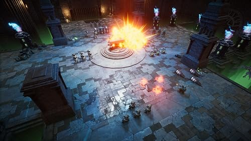 Vista superior de una escena de videojuego con explosiones, soldados y una explosión de fuego.