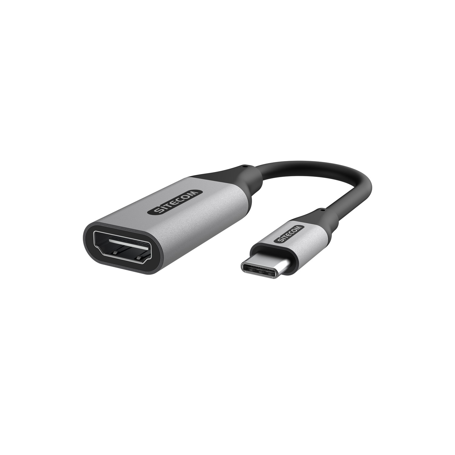 A silver HDMI to USB-C adapter with a black cable on a white background.