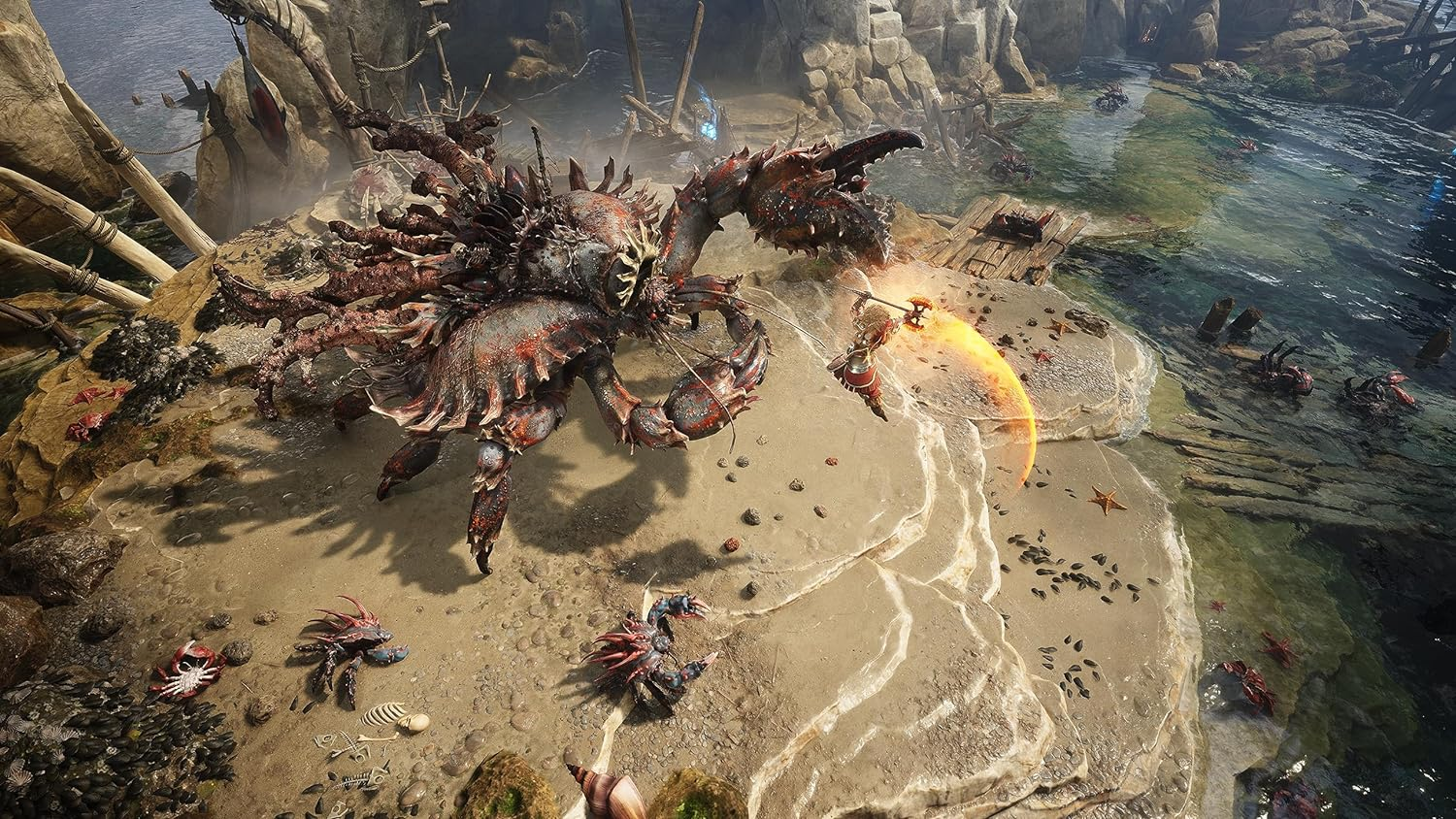Escena de videojuego con monstruo cangrejo gigante luchando en la playa.