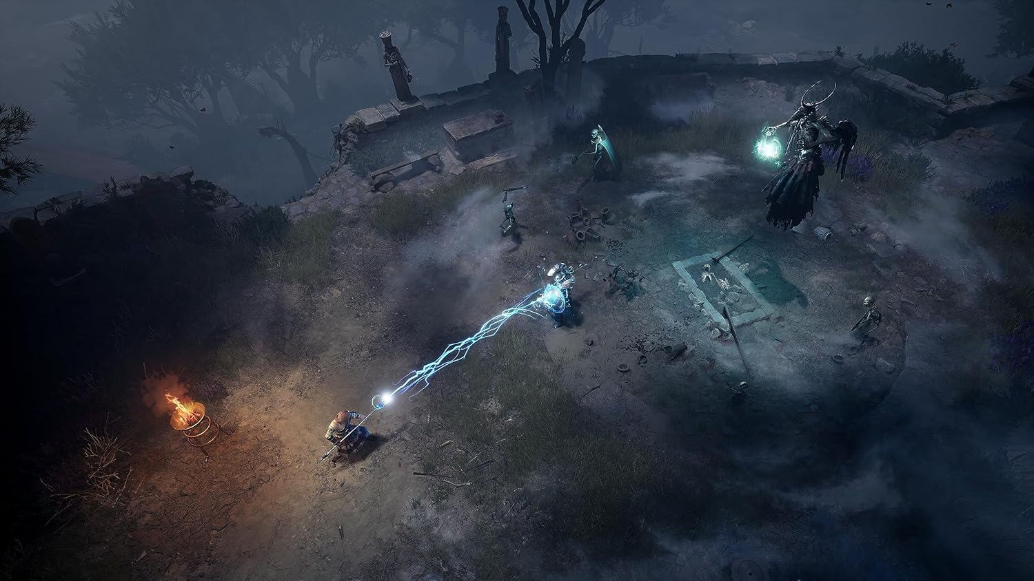 Vista desde arriba de una escena de juego de fantasía oscura con personajes luchando.