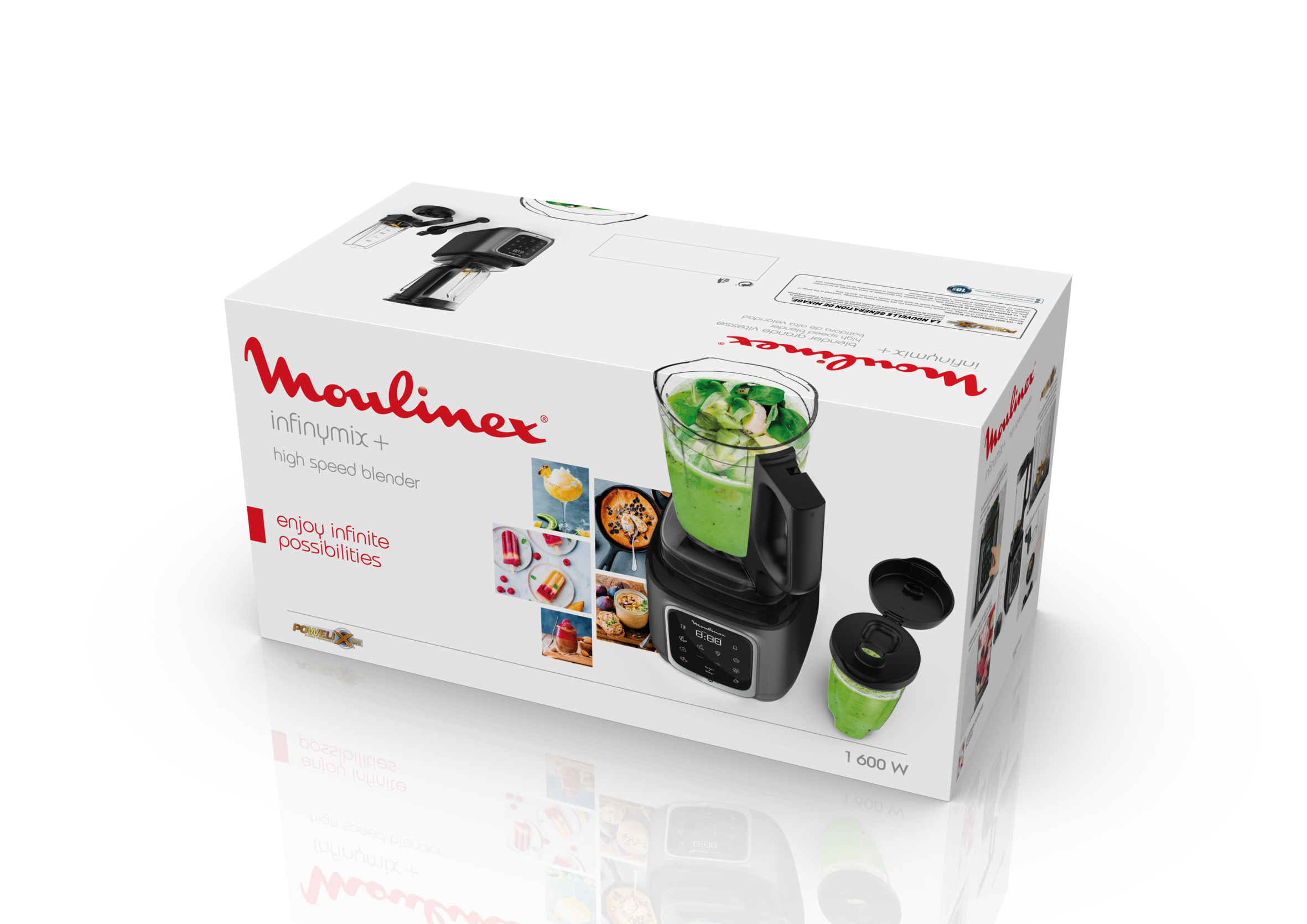 Una caja blanca con una imagen de licuadora. La licuadora es negra, con un batido verde.