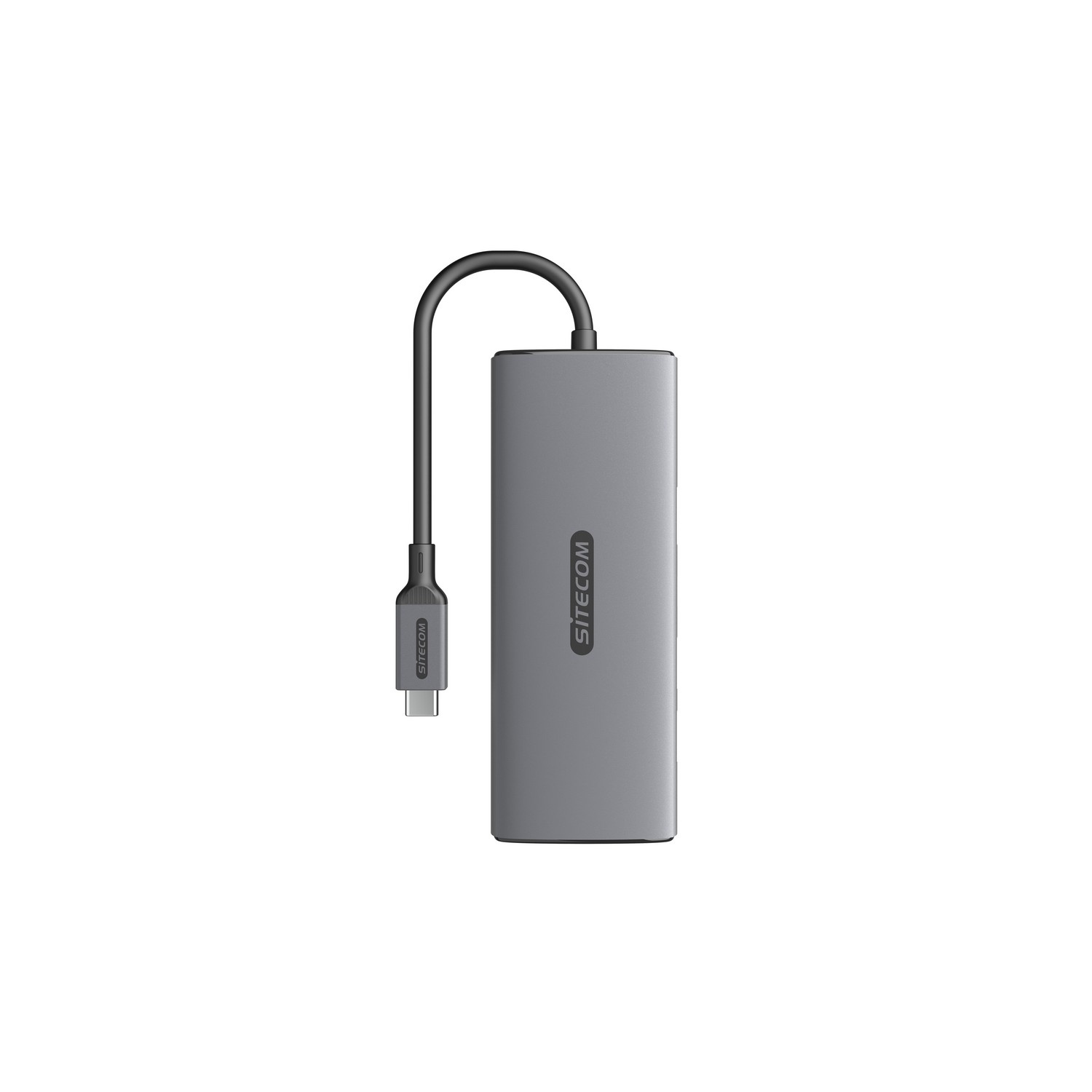 Hub USB-C SITECOM gris avec câble attaché. Forme rectangulaire avec le logo SITECOM.