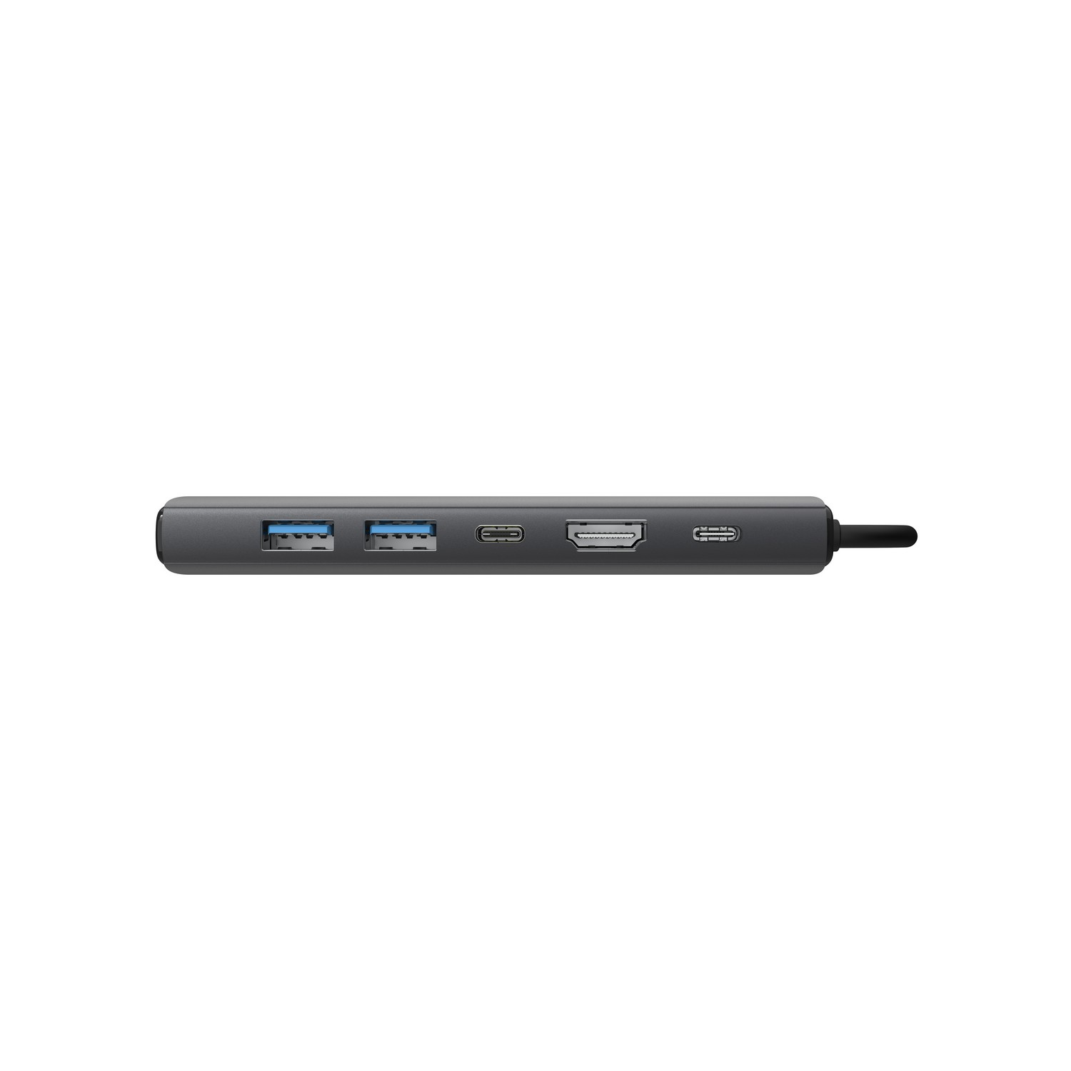 Un hub USB gris foncé avec plusieurs ports : USB, USB-C, HDMI et un autre USB-C, avec un câble noir.