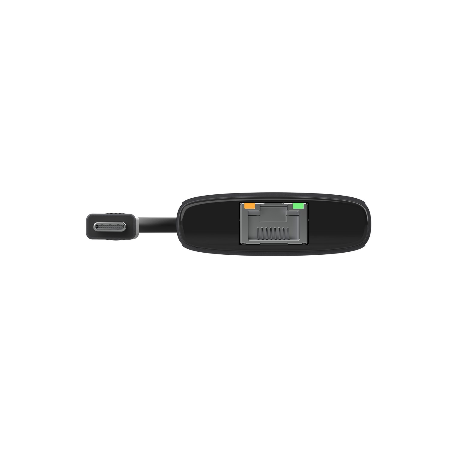 Un adaptateur noir avec un connecteur USB-C et un port Ethernet, vu d'en haut.