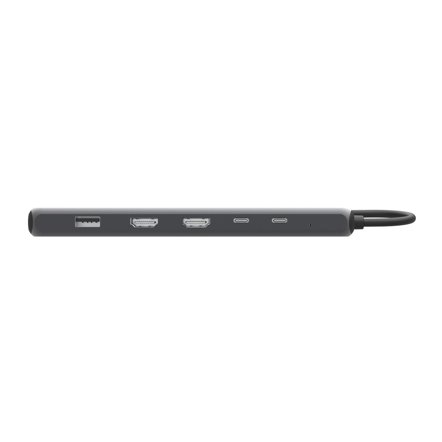 Hub USB-C gris foncé avec plusieurs ports : USB, HDMI, USB-C et ports supplémentaires.