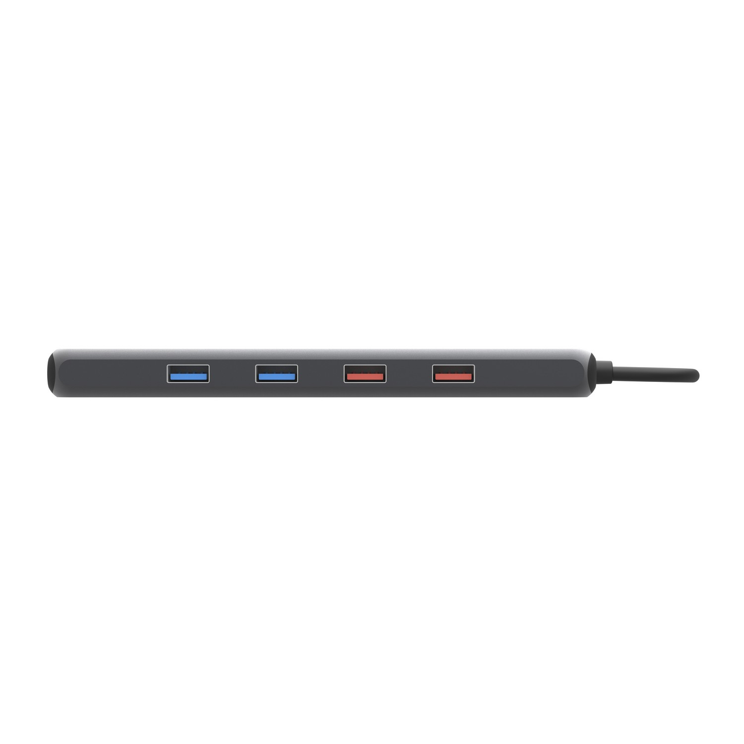Un hub USB noir avec quatre ports. Chaque port a une couleur différente.