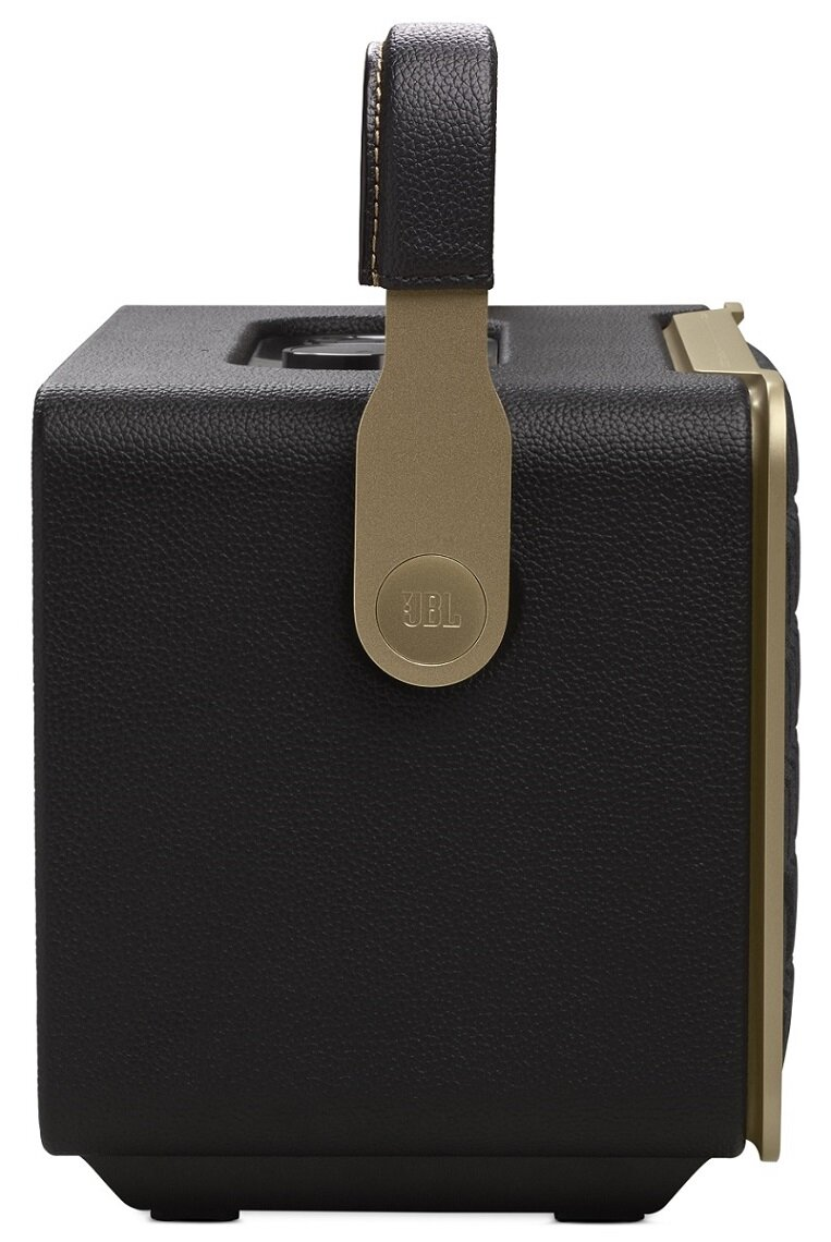 Czarny i złoty głośnik z uchwytem, złotymi akcentami i logo JBL.