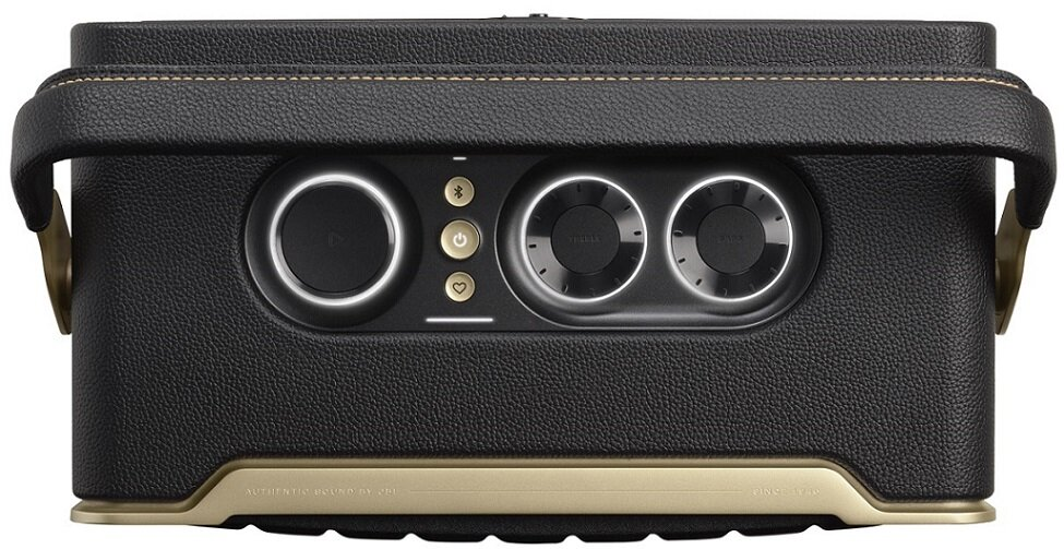 Czarny i złoty głośnik z pokrętłami. Głośnik ma uchwyt i złotą podstawę.