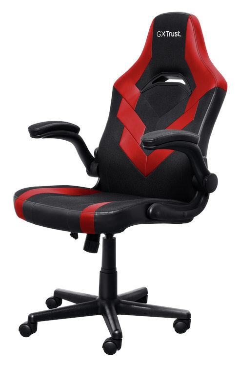 Krzesło gamingowe, czarno-czerwone, z podłokietnikami i kółkami, na białym tle. Marka to GXtrust.