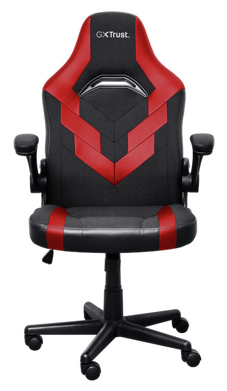 Fotel gamingowy z czarną podstawą, czerwono-czarnym siedziskiem i oparciem, logo 'GXTrust'.