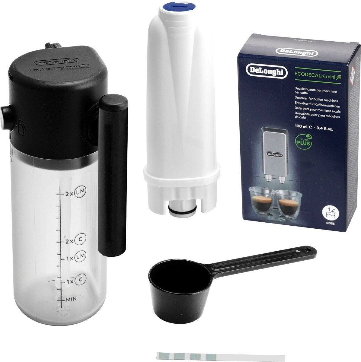 Części ekspresu do kawy DeLonghi: odkamieniacz, filtr i miarka.