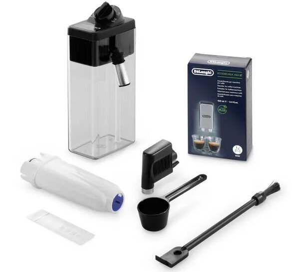 Akcesoria do ekspresu DeLonghi: zbiornik na wodę, filtr, szczotka, miarka i pudełko ze zdjęciami.