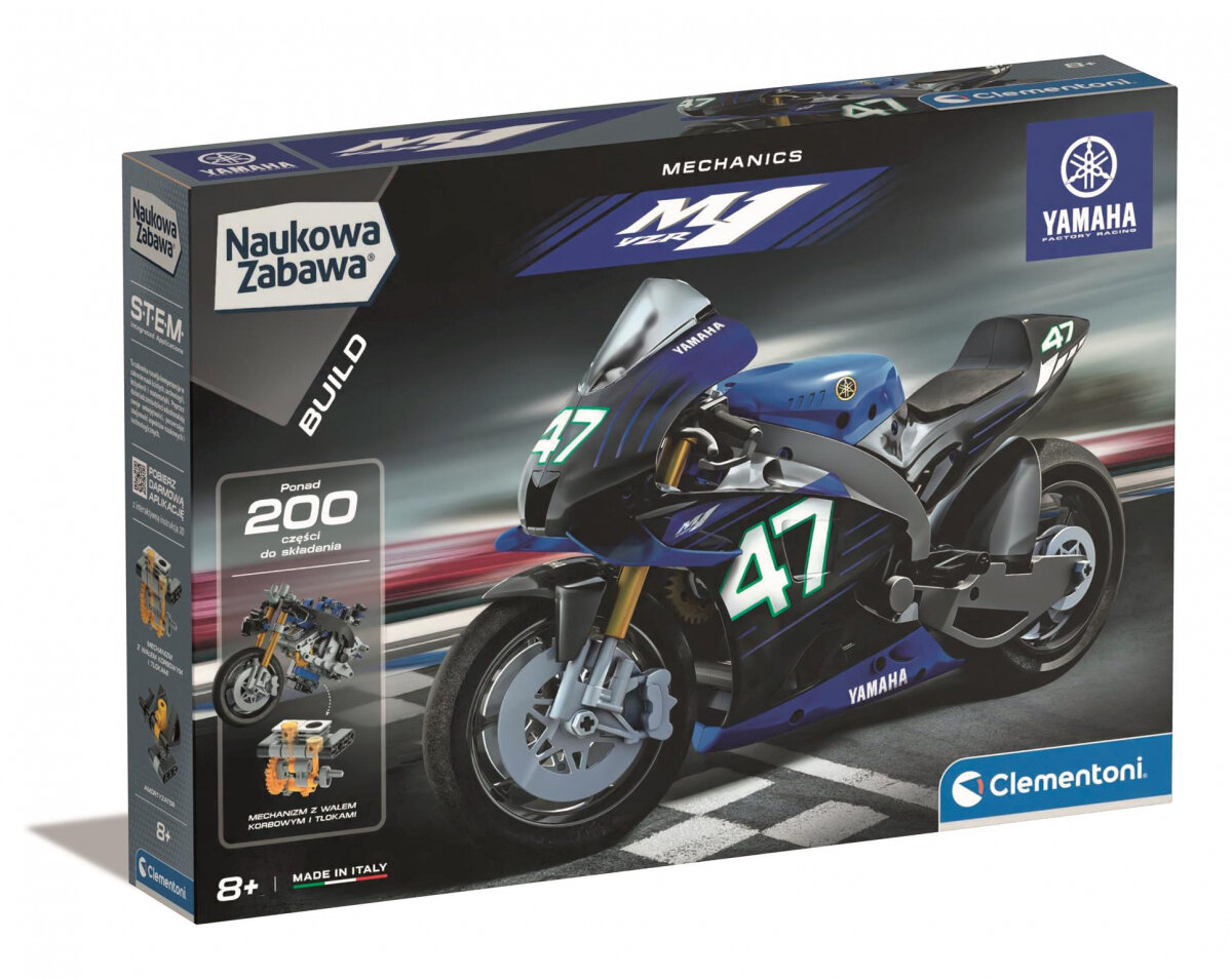 Pudełko z modelem motocykla Yamaha, niebiesko-czarnym.