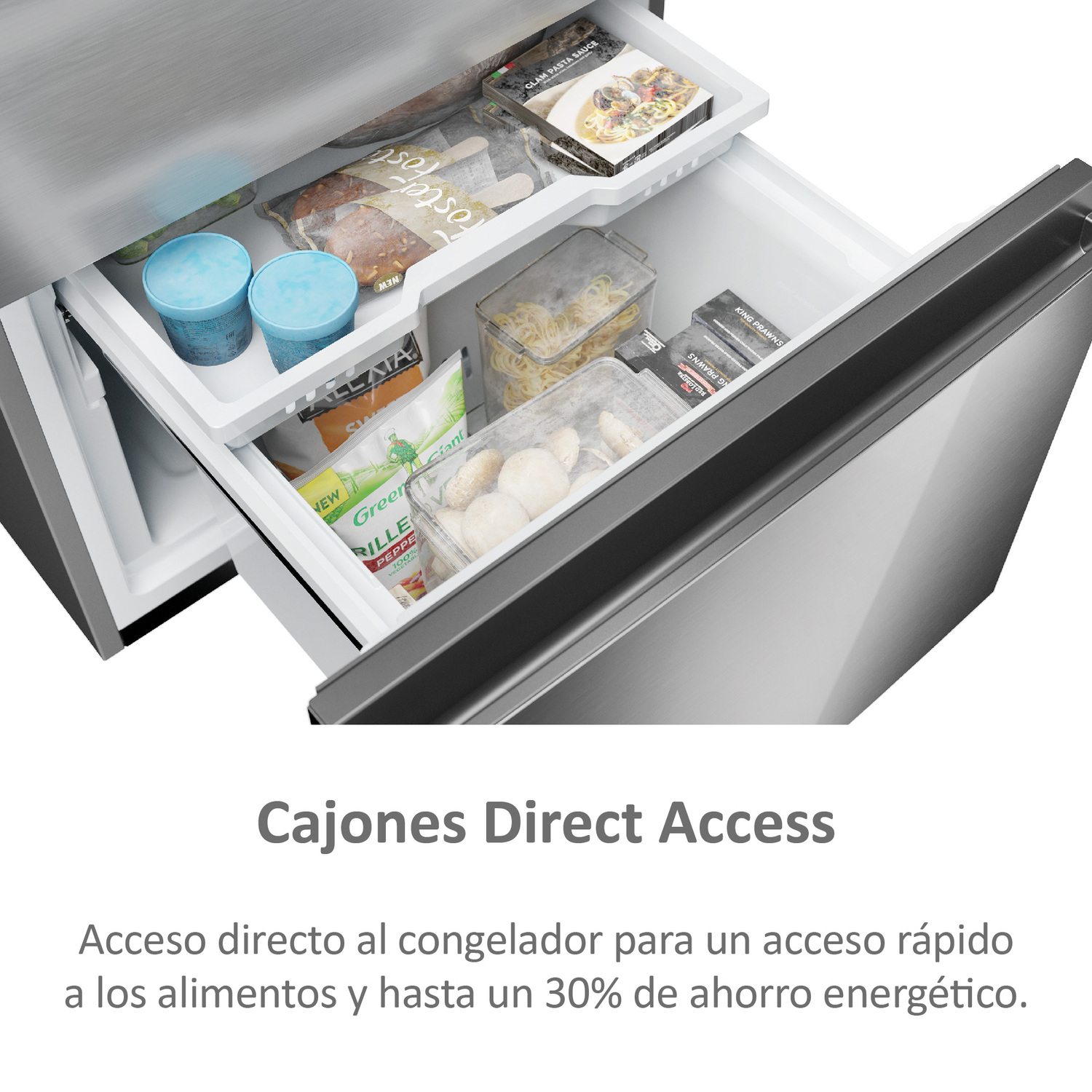 Cajones de congelador abiertos con comida. El texto dice 'Cajones Direct Access'.