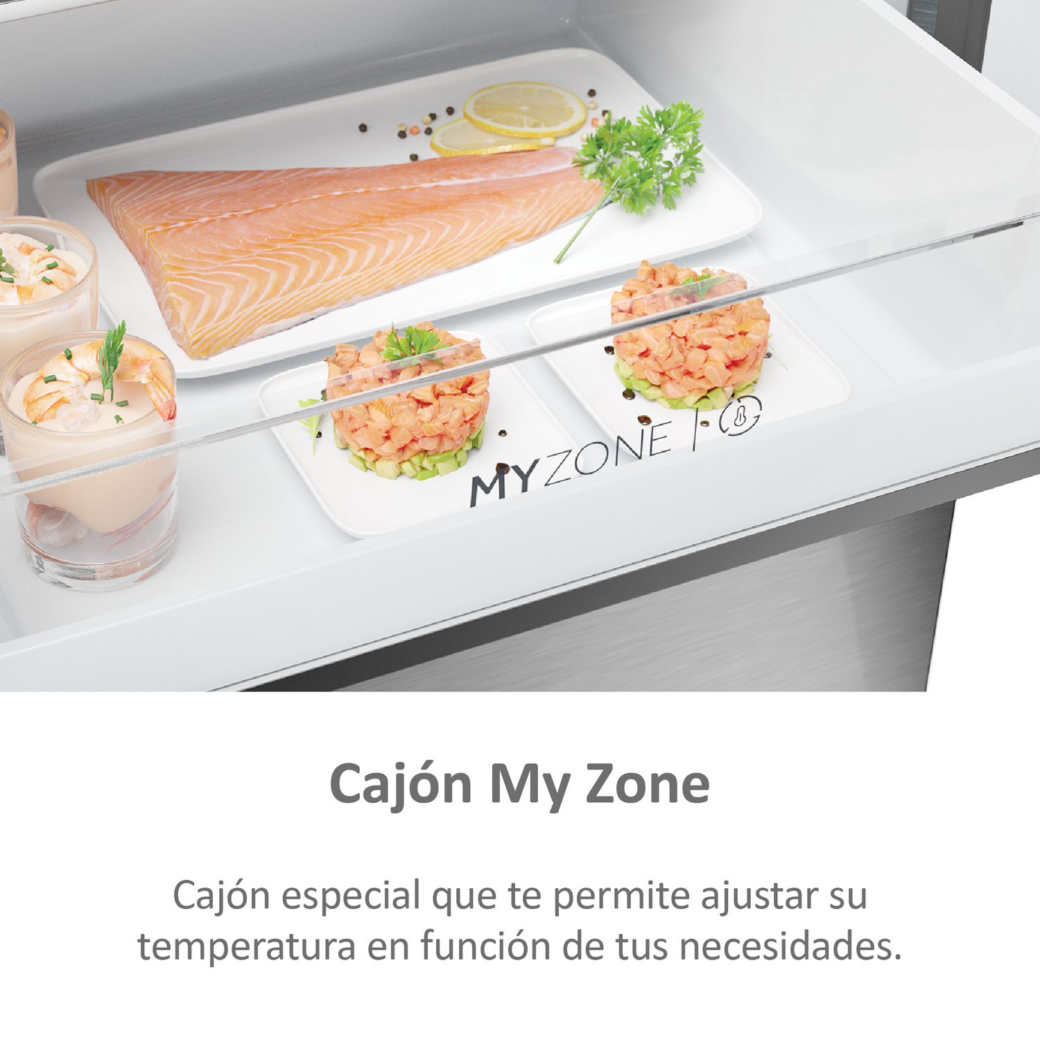 Primer plano de un cajón de refrigerador con salmón y otros alimentos. El texto dice 'My Zone' y lo describe.