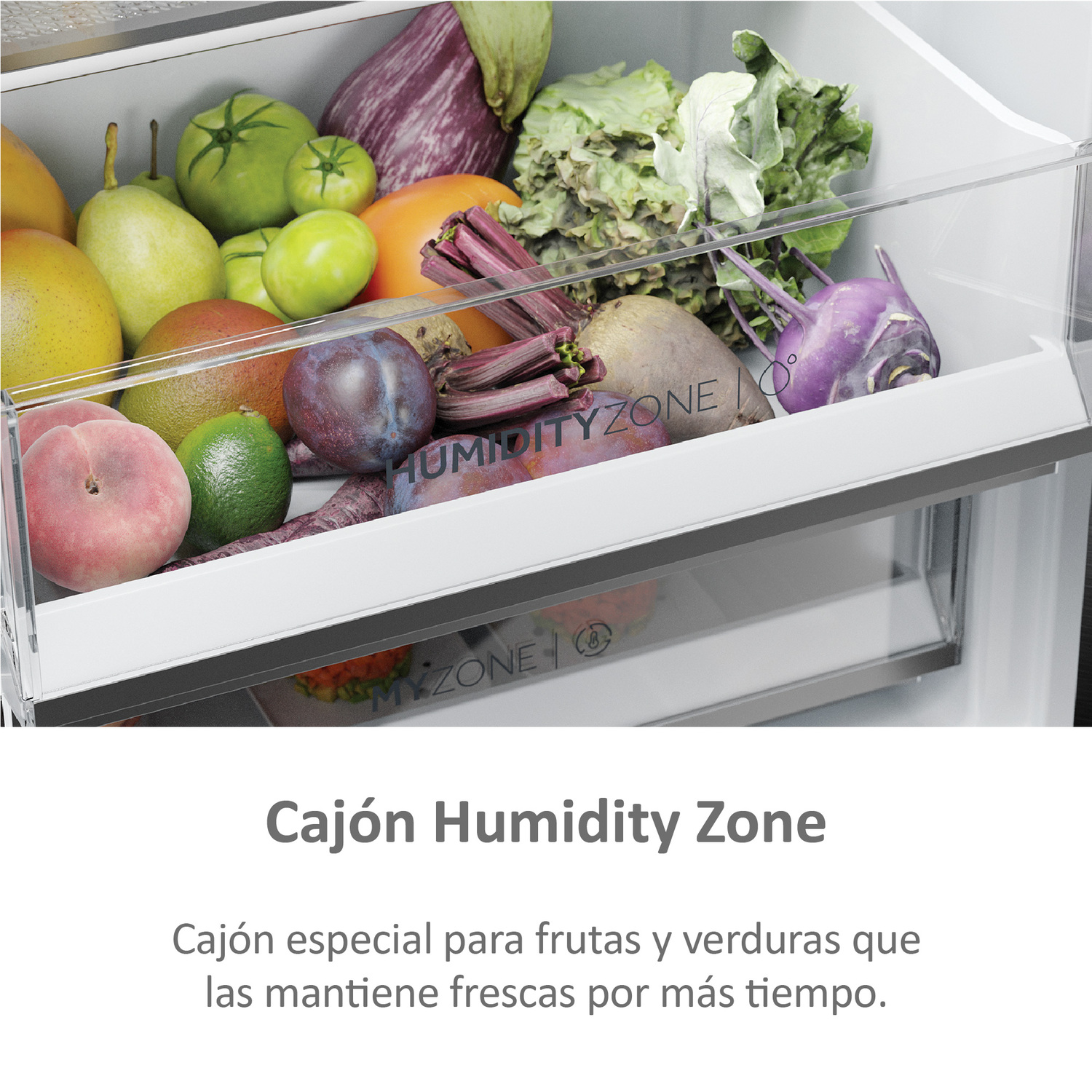 Un cajón de refrigerador lleno de frutas y verduras frescas, etiquetado como 'Humidity Zone'.