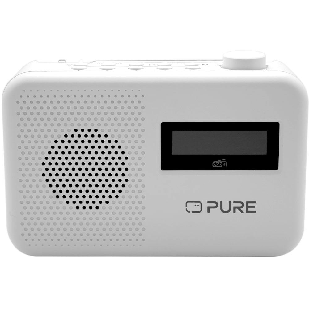 Ein weißes, rechteckiges Pure DAB-Radio mit Bildschirm und Lautsprecherlöchern. Das Pure-Logo ist vorne sichtbar.