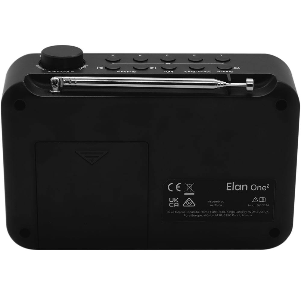 Ein schwarzes Radio mit Knöpfen und einem Display.