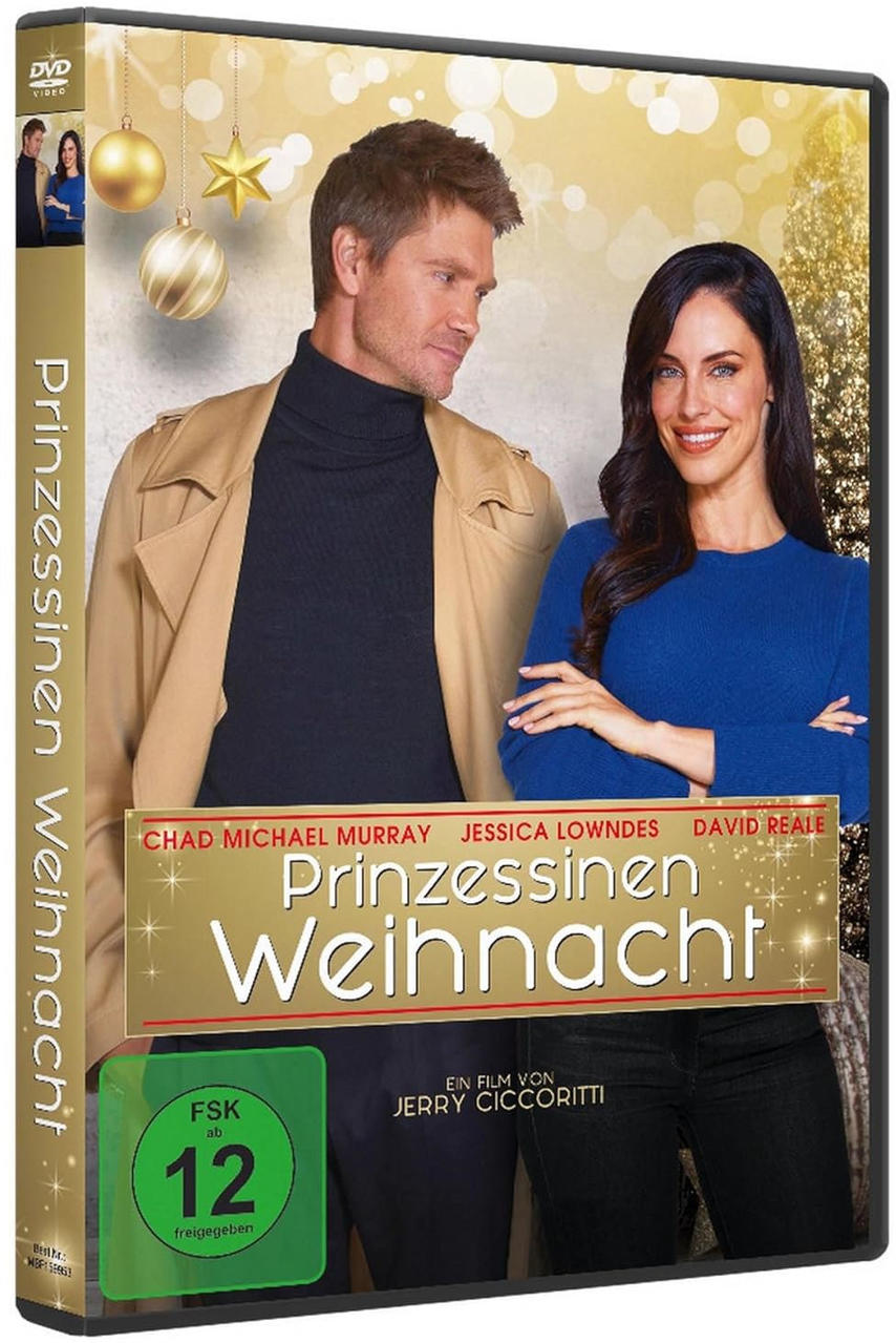 DVD-Cover mit einem Mann und einer Frau, mit goldenen Weihnachtsdekorationen. Der Titel lautet "Prinzessinen Weihnacht".