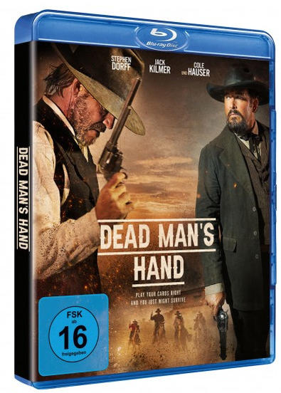 Blu-ray-Cover für 'Dead Man's Hand'. Zeigt zwei Männer in Cowboy-Kleidung mit Waffen.