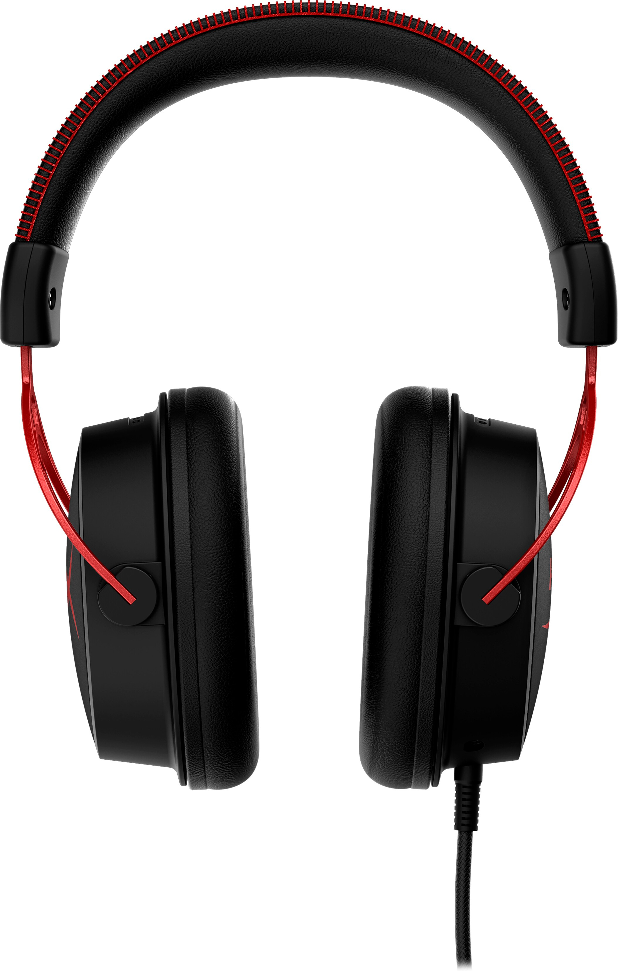Schwarze und rote HyperX Gaming-Kopfhörer. Die Kopfhörer stehen aufrecht und sind zentriert.