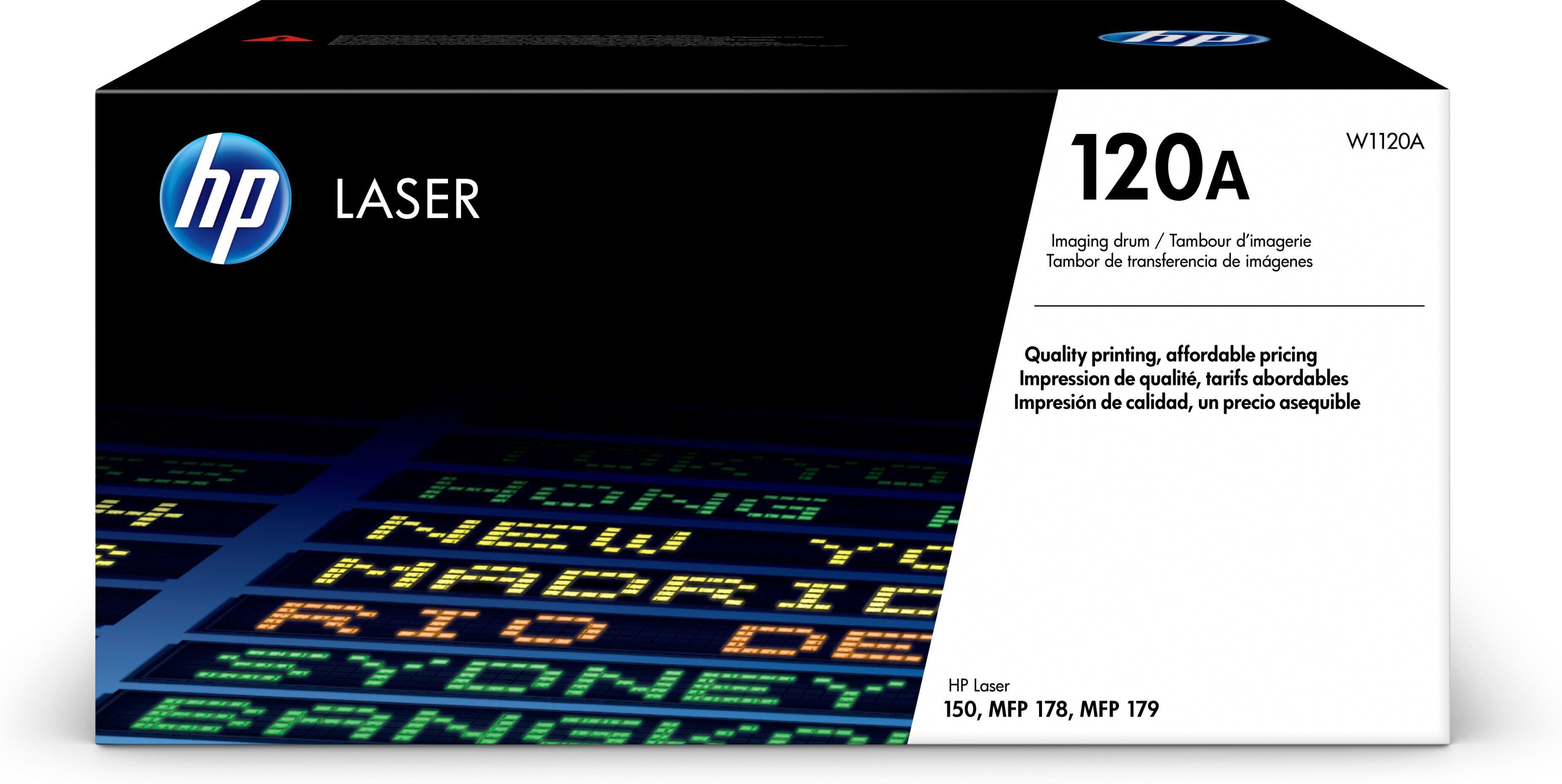 Scatola toner HP Laser 120A. La scatola è nera con testo bianco. Lo sfondo è una città sfocata con un tabellone informativo dei voli.