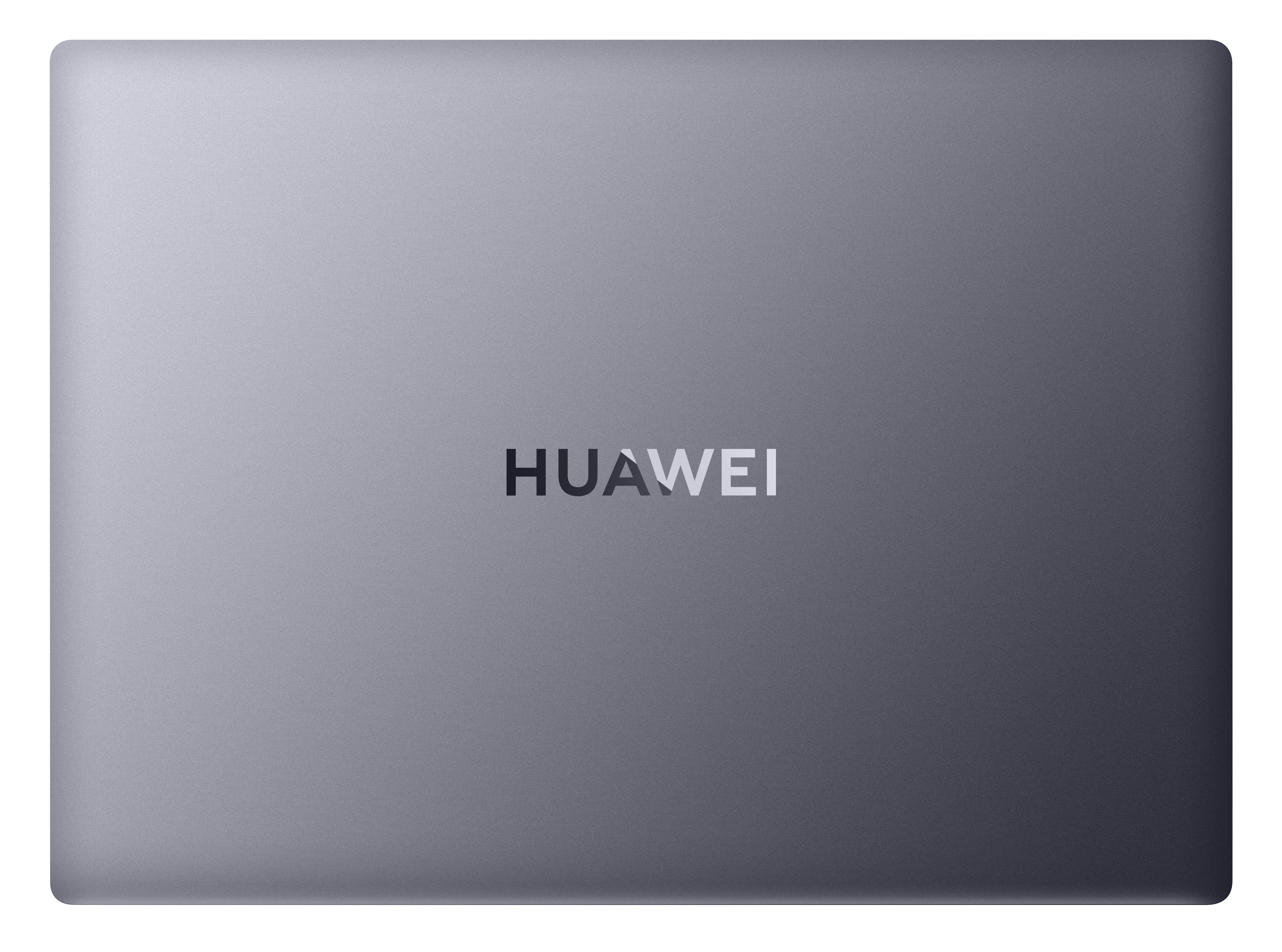 Ein geschlossener grauer Laptop mit dem Huawei-Logo in der Mitte.
