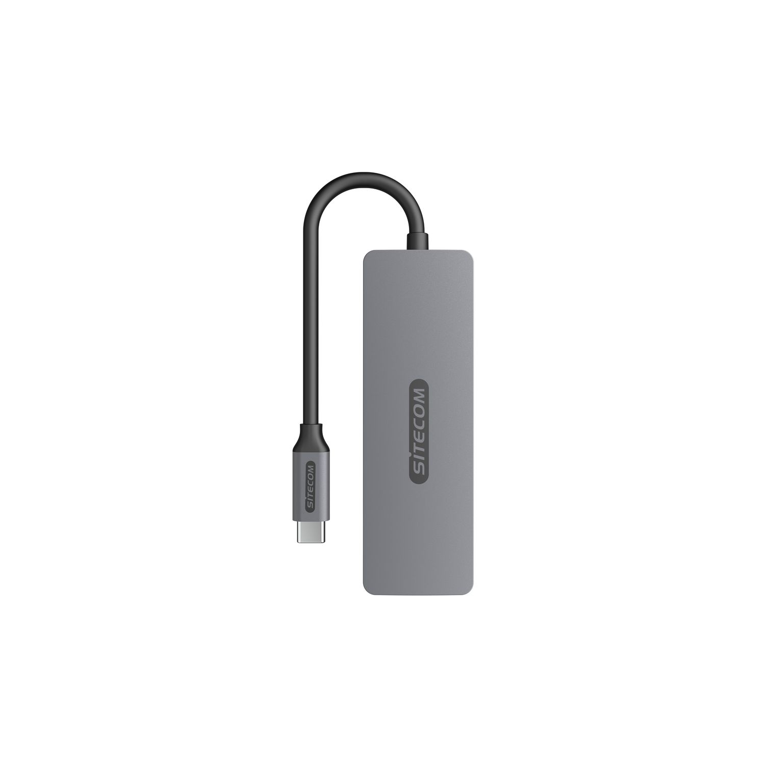 Un hub USB-C gris avec un câble et la marque SITECOM dessus.