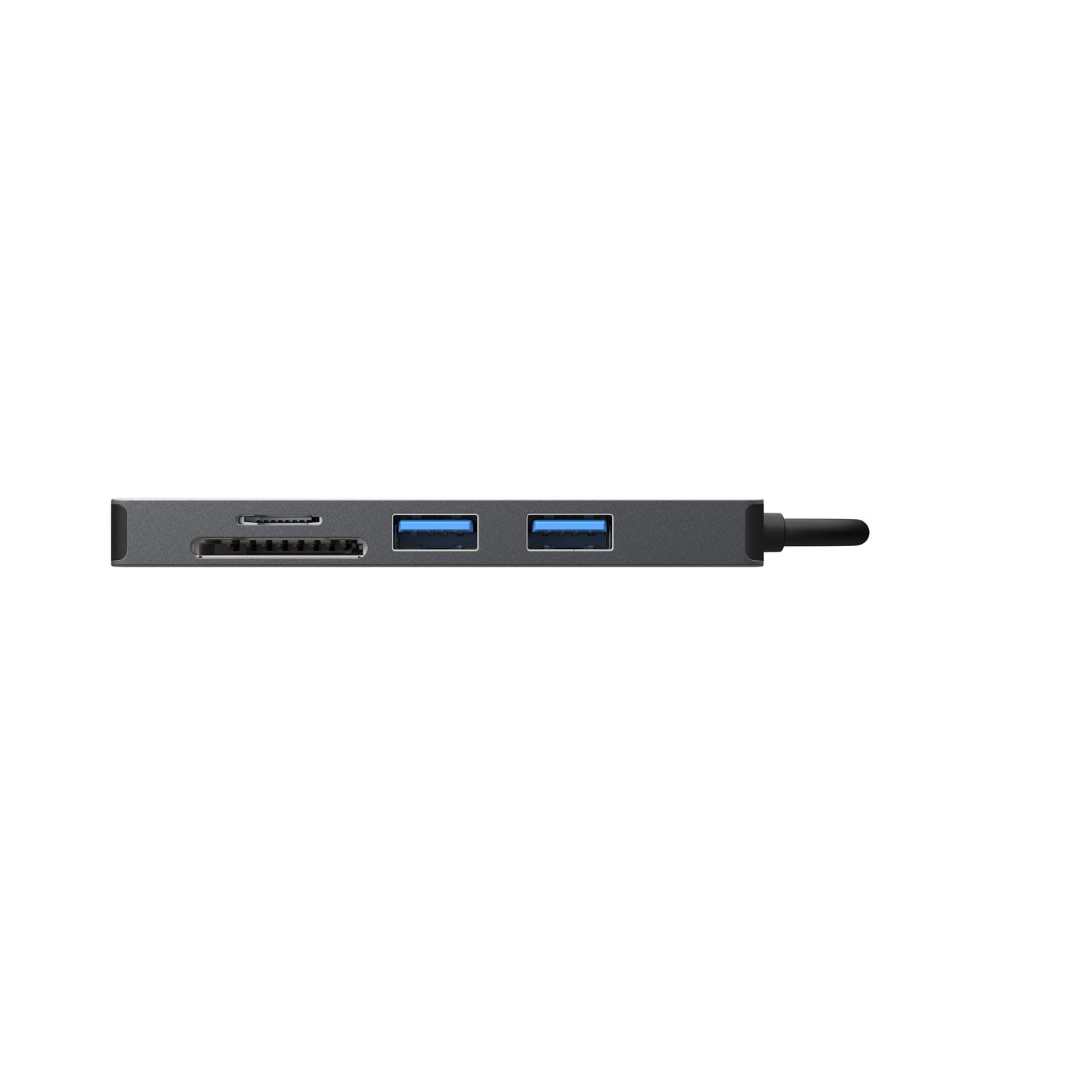 Un hub USB gris avec plusieurs ports USB sur fond blanc.