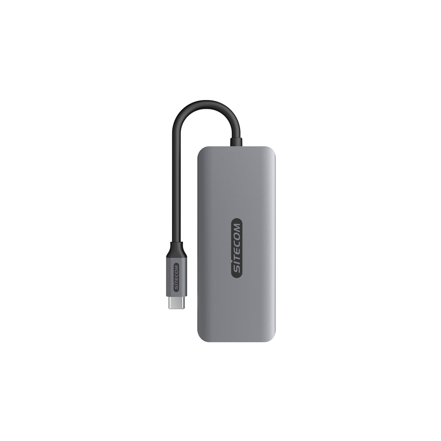 Un hub USB-C SITECOM gris avec un câble USB-C noir attaché. Le fond est blanc.