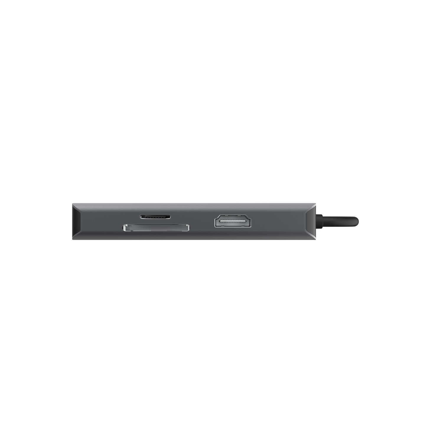 Un adaptateur multiport gris avec plusieurs ports. Il a un câble noir qui s'étend d'une extrémité.