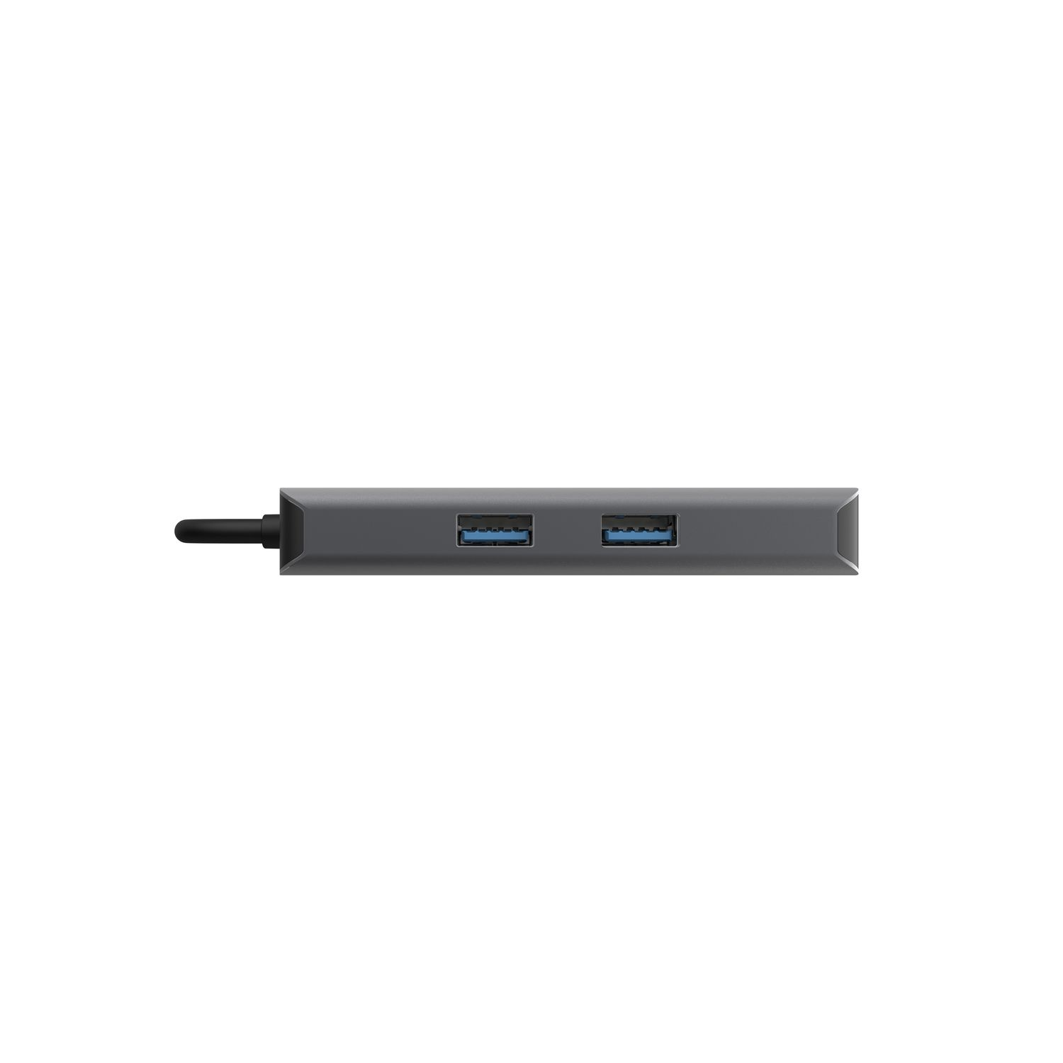Un hub USB gris foncé avec deux ports USB bleus.