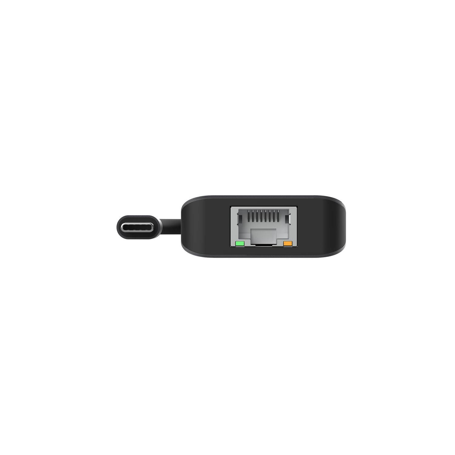 Adaptateur USB-C vers Ethernet noir, montrant les ports USB-C et Ethernet, isolé sur blanc.