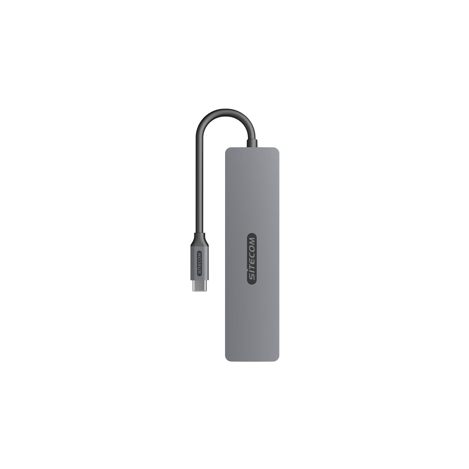 Un hub USB-C Sitecom gris avec un câble noir, isolé sur fond blanc.