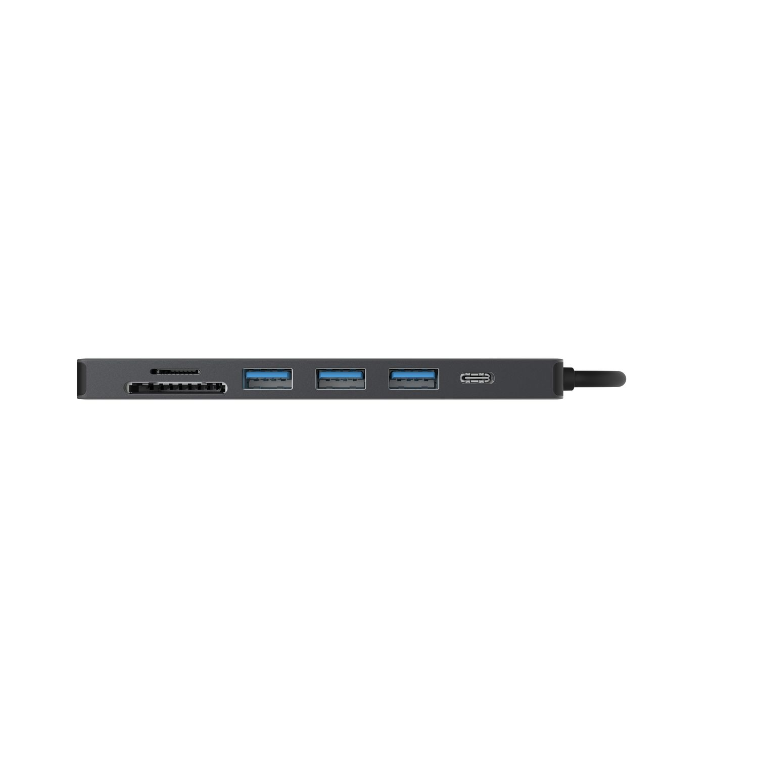 Un hub multiport gris foncé avec des ports sur le côté, notamment des USB et des lecteurs de cartes SD.