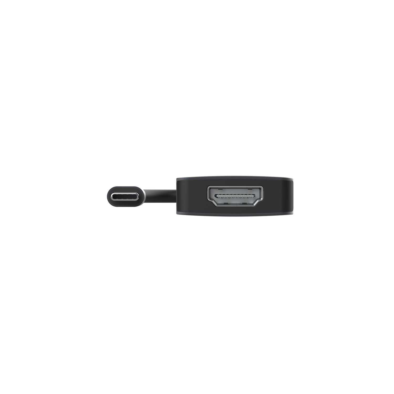 Un adaptateur noir USB-C vers HDMI. L'USB-C est à gauche, le HDMI à droite.