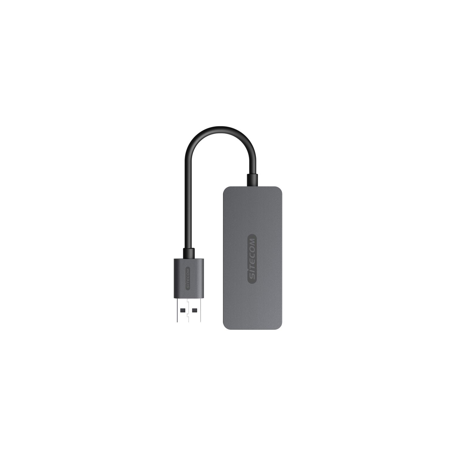 Câble adaptateur USB-C gris. Une extrémité est connectée à un rectangle gris.