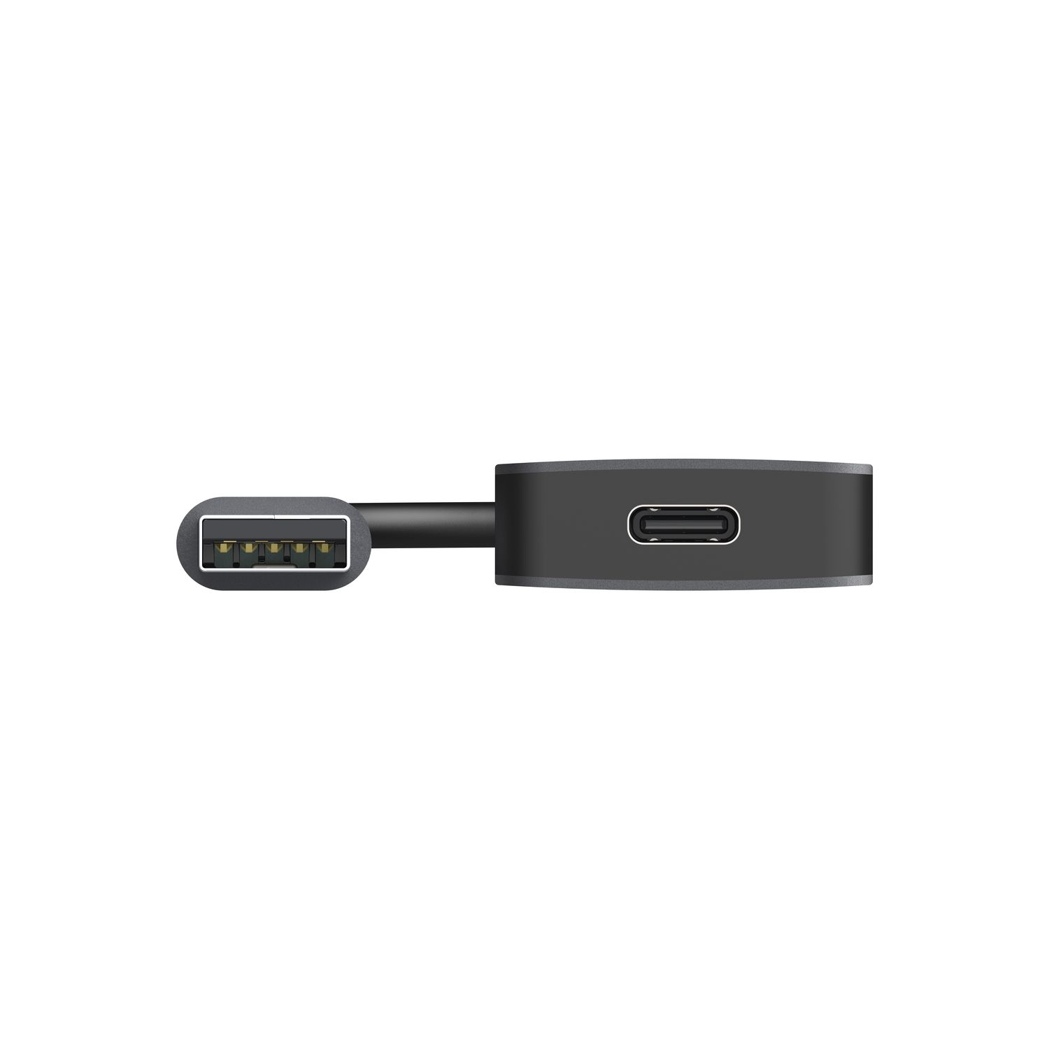 Un adaptateur noir USB-C vers USB-A. L'USB-A est à gauche, l'USB-C à droite.
