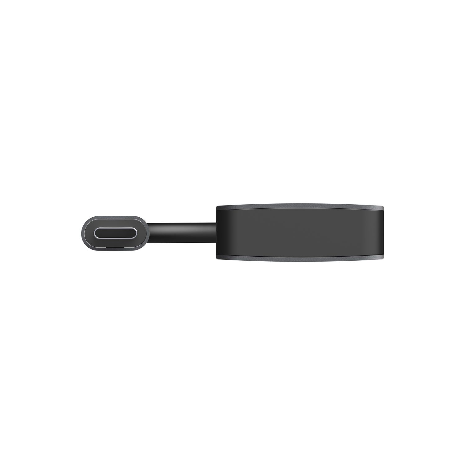 Adaptateur USB-C gris foncé avec un cordon noir. L'adaptateur a une forme rectangulaire arrondie.