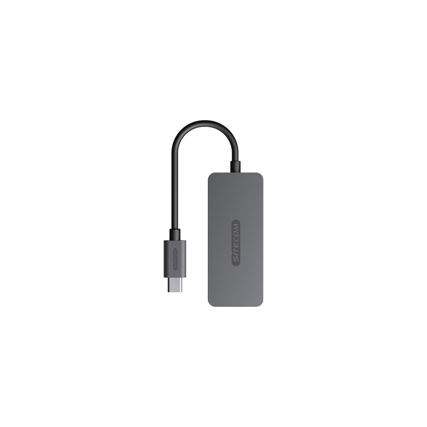 Hub USB-C gris avec un câble, logo SITECOM, sur fond blanc.