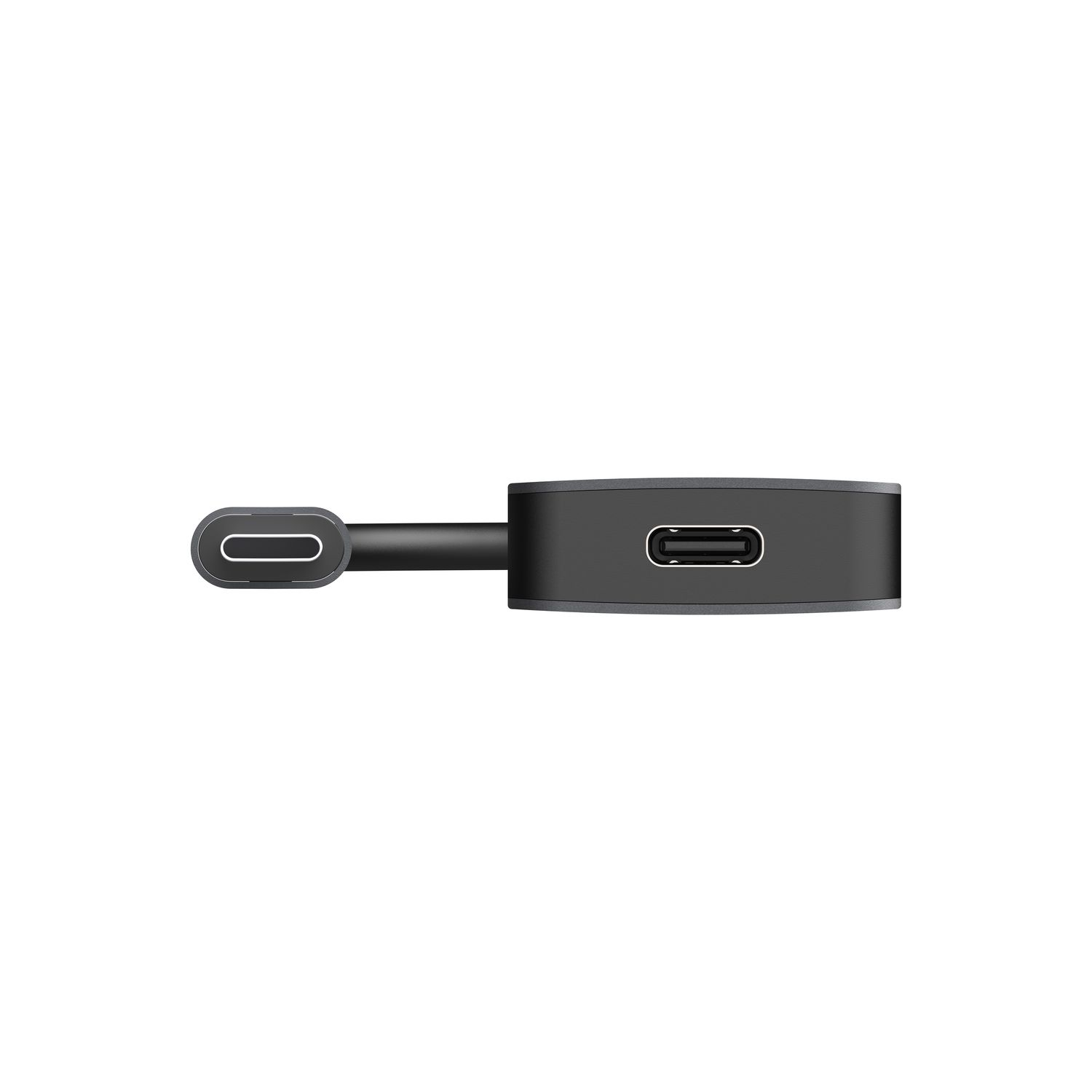 Hub USB-C noir avec deux ports visibles. Un seul câble s'étend vers la gauche.
