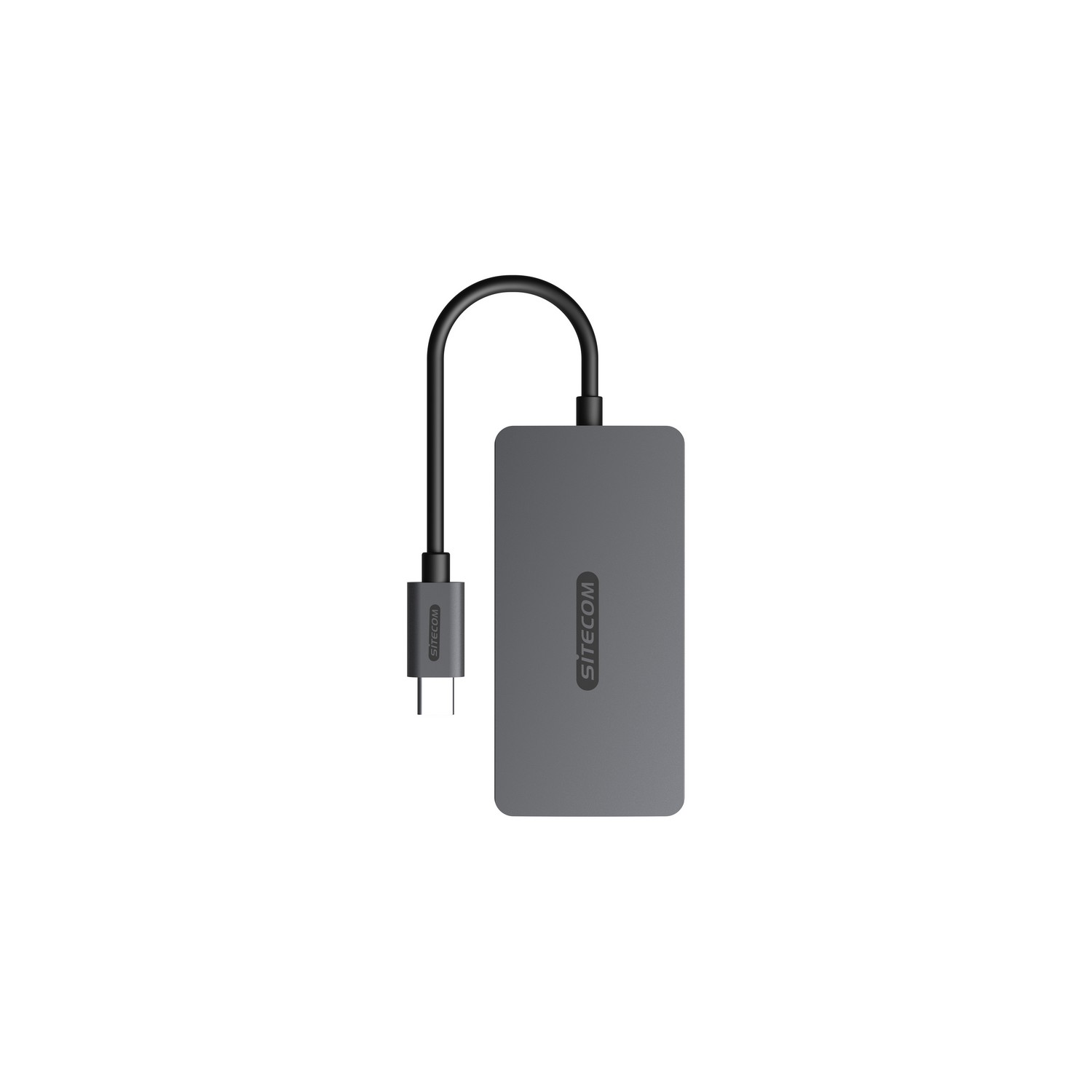 Hub USB-C gris Sitecom avec câble USB-C sur fond blanc.
