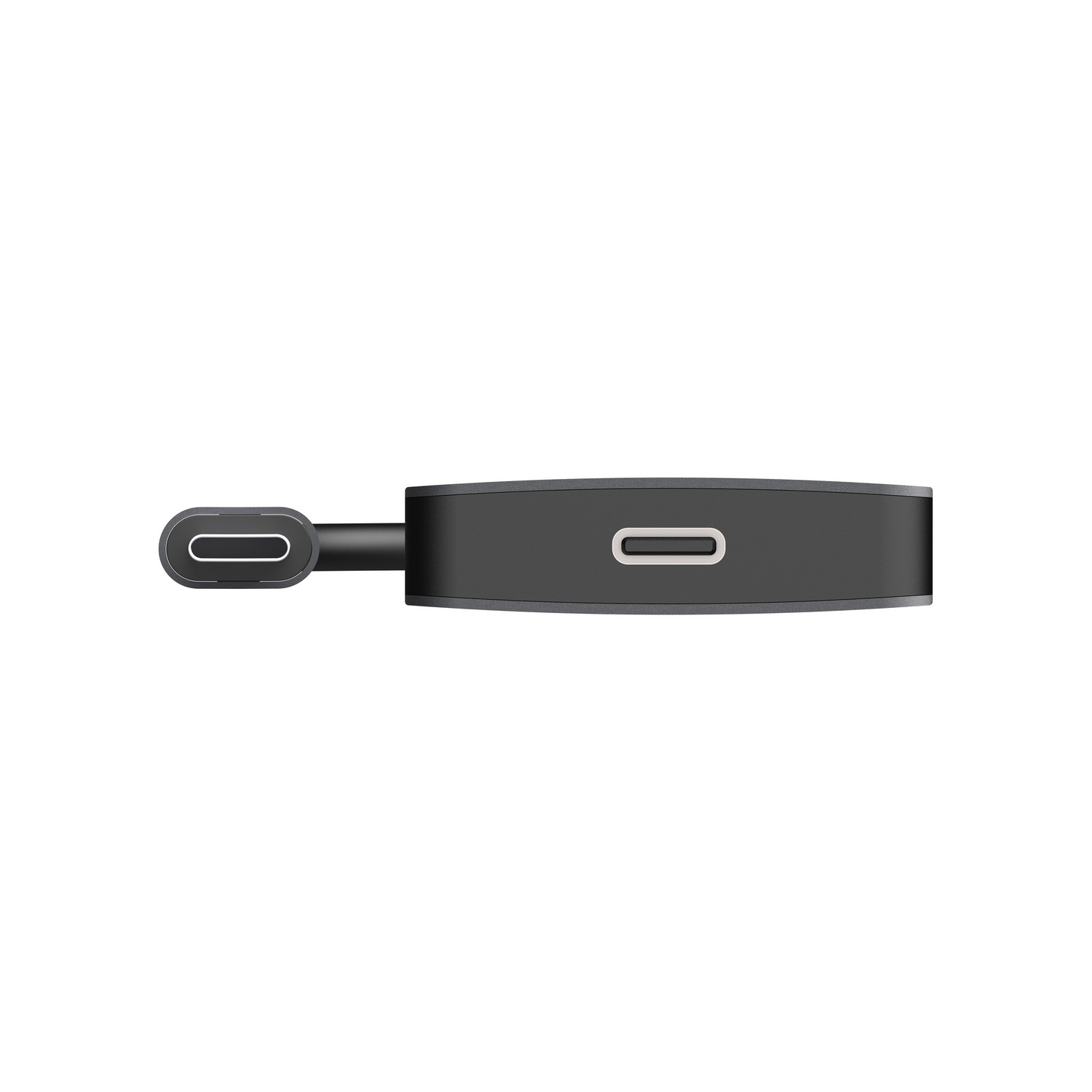 Un petit appareil gris foncé avec un port USB-C et un autre port. L'appareil est rectangulaire.